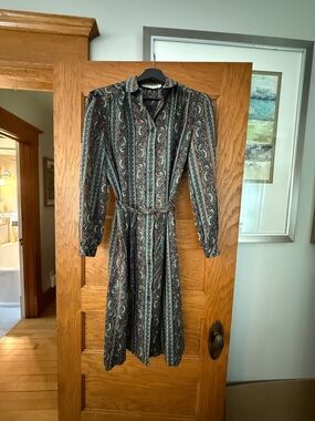 Paisley Print Long Sleeve Shirt Dress in Navy and Burgundy